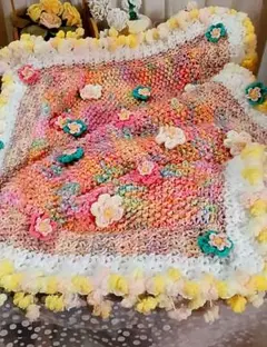 手編み 膝掛け ブランケット♡花モチーフ♡棒針編み&かぎ針編み