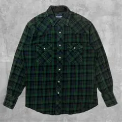 Wrangler フランネルシャツ グリーン×ネイビー M ウエスタン 古着