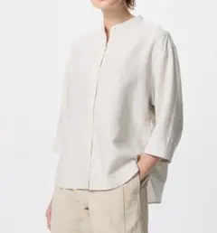 ユニクロ　リネンブレンド　バンドカラーシャツ　ストライプ7分袖