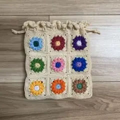 ハンドメイド、カラフル花柄の巾着袋