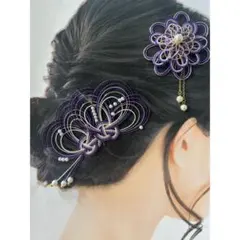 《セットでお得》和装　髪飾り　水引アクセサリー　2点セット　紫（ラメ）×ゴールド