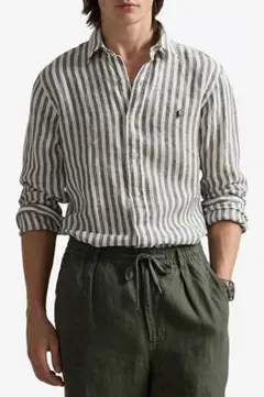 POLO RALPH LAUREN リネンシャツ ストライプ　カーキグレー Mのサムネイル