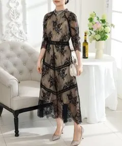 結婚式 総レース マキシワンピース ベージュ Lace Ladies 七分袖