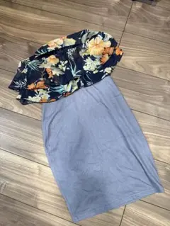 PinkMixフラワープリント ベアトップワンピース