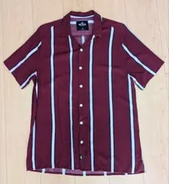 ⇩【Hollister】 バーガンディ ストライプ 半袖シャツ M