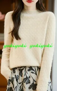 XL極上柔らかカシミヤ100％★暖か可愛い編地ハイネックニット♪ベージュXL