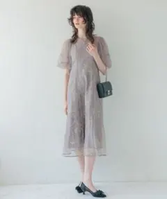 【Dorry Doll】 パーティードレス　オケージョンドレス　花柄刺繍　グレー