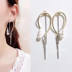 No.655 ゴールドリング3連パールビジューピアス 韓国 上品 高見え