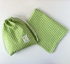 ハンドメイド　給食袋&ランチョンマットセット　チェック柄　グリーン