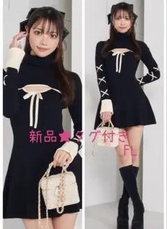 新品★タグ付き　ダーリッチ　バイカラーリボンデザインニットミニワンピース