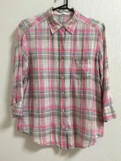 UNIQLO リネン100% チェックシャツ ピンク系 Lサイズ