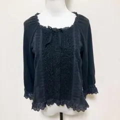 ピンクハウス リボンピコフリルタックブラウス 長袖 黒 コットン 