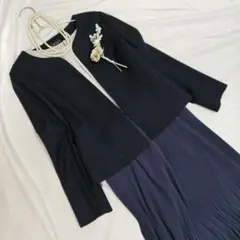 美品　インディヴィ ノーカラー ツイード 　プリーツスカート　スーツ　 ネイビー
