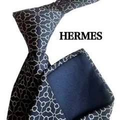 美品　HERMES エルメス　ネイビー 紺　白チェーン幾何学模様 シルクネクタイ