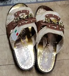 【未使用】サンダル ミュール 刺繍 ゴールド ブラウンレディース　Ｌ