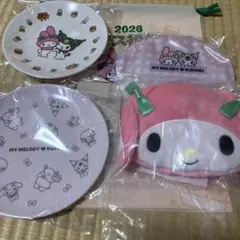 モスバーガー福袋　マイメロ　フェイスポーチ付きエコバッグ　サテンポーチ　皿セット