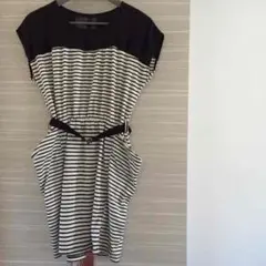 新品 ボーダーワンピ ベルト付 白黒 切り替え 立体ポケット 送料無料