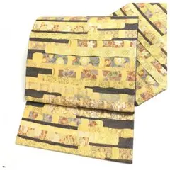 美品　正絹 袋帯 豪華金彩 黒地 経巻・書物文様 四季花 六通柄　フォーマル