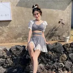 【新品未使用】レディース ビキニ 水着 格子柄 スカート セパレート
