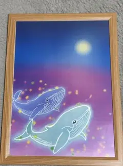 静かに泳ぐクジラの原画 キャンバスパネル 青 海 現代アート 絵画