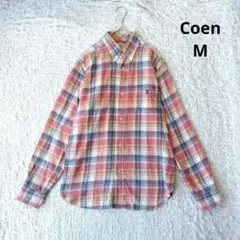 【コーエン】Coen チェック柄長袖シャツ マルチカラー　ワンポイント刺繍　M