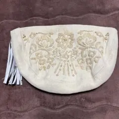 アイボリー 花柄刺繍 コーデュロイ クラッチバッグ