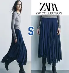 新品 ZARA 定価8,590円 アシンメトリーロングスカート S ネイビー 紺