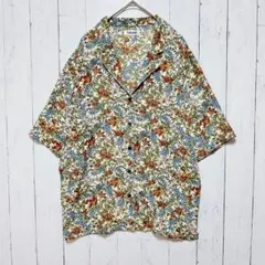 【美品】フラッシュブルー しまむら ボタニカル柄 開襟シャツ L 総柄 レトロのサムネイル