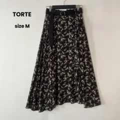 TORTE 花柄 フレアロングスカート ベルト付き フリル スリット 黒 Mのサムネイル