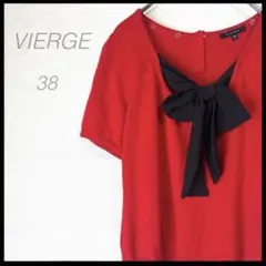 【ヴィエルジュ】美品 リボン付き半袖ブラウス(38)赤 フェミニン 薄手 上品