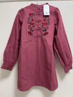刺繍入りピンク長袖チャイナミニワンピース M