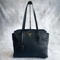 良品　プラダ トートバッグ ヴィッテロ 金ロゴ　肩かけ可　シボ革　ネイビーのサムネイル
