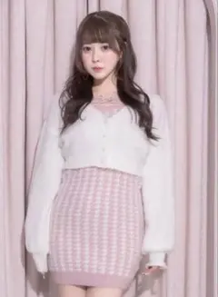 pium 千鳥柄ニットワンピカーデセット ピンク