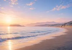 【イラスト】夕暮れの湘南海岸と江の島 アートポスター