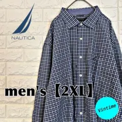 y239【NAUTICA】刺繍ロゴ長袖ボタンシャツ【メンズ2XL】チェック柄