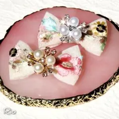 ✨️人気✨️ 花柄刺繍リボン ビジュー♥ヘアクリップ 2個セット【No.124】
