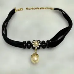 真珠 ベルベットチョーカー ゴールド パール ビーズ