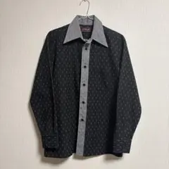 レトロ総柄シャツ 切替デザイン グレー×ブラック 長袖シャツ 古着 M