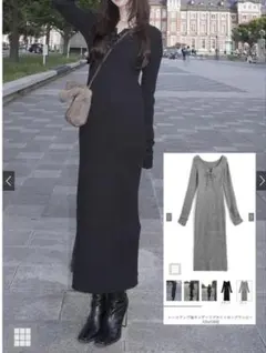 GRL レースアップ袖ギャザーリブタイトロングワンピース[ru1269]ブラック