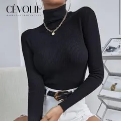 SHEIN ハイネックリブニットセーター タートルネック 黒 XS