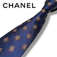 【CHANEL】シャネル ネクタイ 総柄 ペイズリー ネイビー×ゴールド シルク
