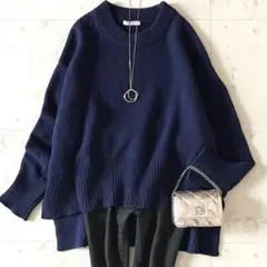 美品♪アドーア ラムウールアルパカアンゴラ混クルーネックニット 38 ネイビー紺