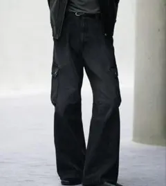 VINTAGE WASHED DENIM CURVED CARGO ブラック