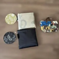 【新品タグ付】KALDI カルディエコバッグ2柄&伝説カラビナ付ミニバッグポーチのサムネイル