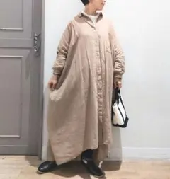 新品　スタジオクリップ☆ベージュ／コットンリネンワイドシャツワンピース