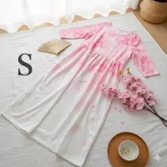 大人可愛い桜カラー春ワンピースグラデーションゆったり体型カバー上品ポケット付きS