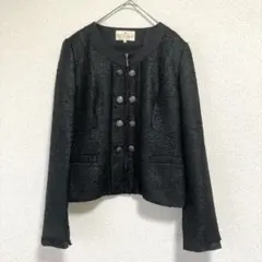 FOXEY フォクシー フリンジツイードジャケットノーカラーグレー ウール