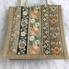 インド刺繍　ハンドバッグ　麻バッグ　ミニサイズ　サブバッグ　夏バッグ