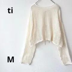 ショート丈かぎ編みニット/透け感/春服トップス/短め丈/リボン/アイボリー/M