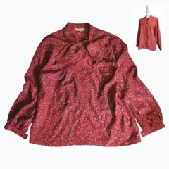 レトロ日本製 ボウタイ付き ペイズリー総柄 長袖ブラウス 赤 Rie 里絵913